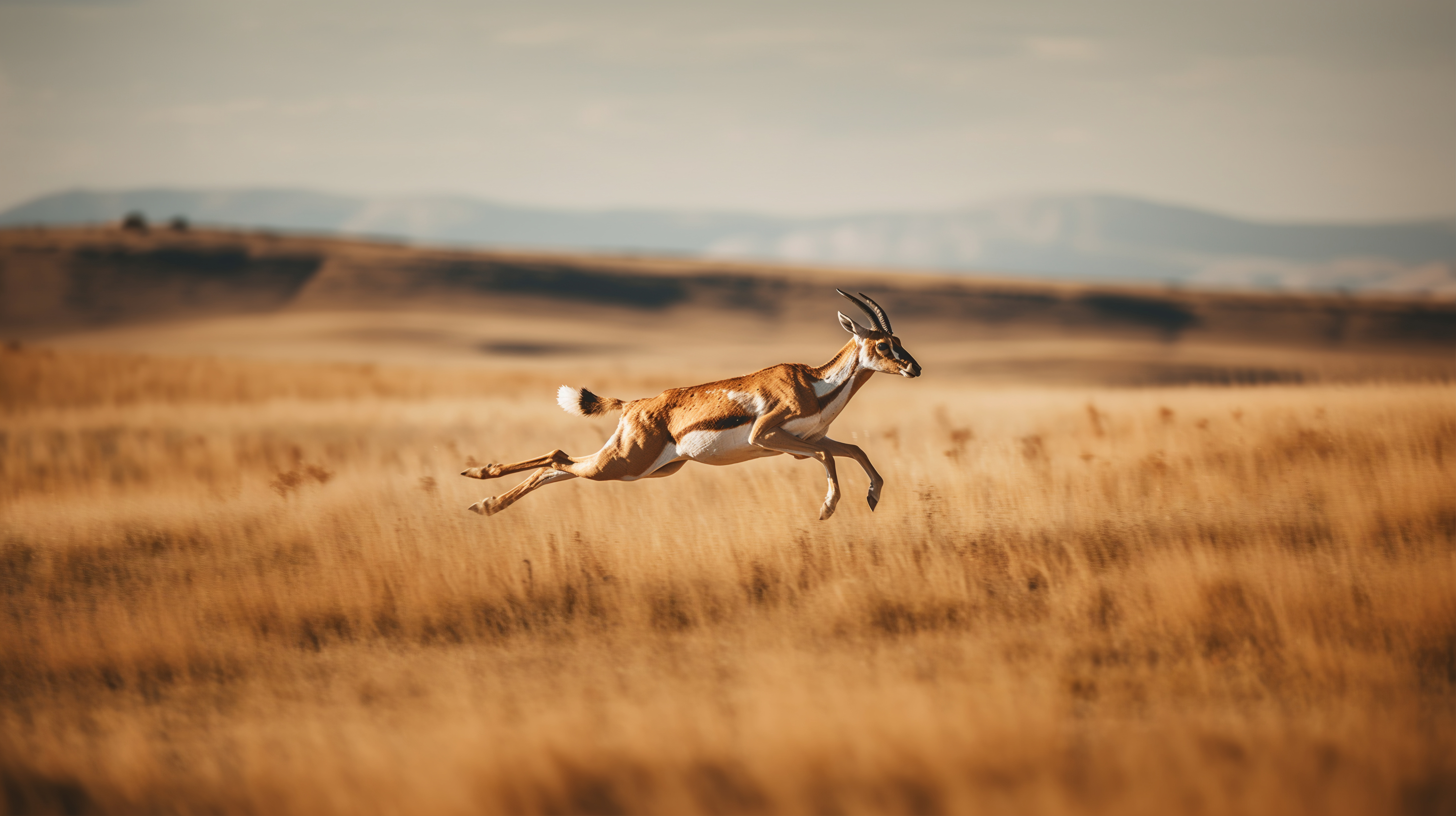 A springbok mid-leap across dry golden grassland, low hills on the horizon
