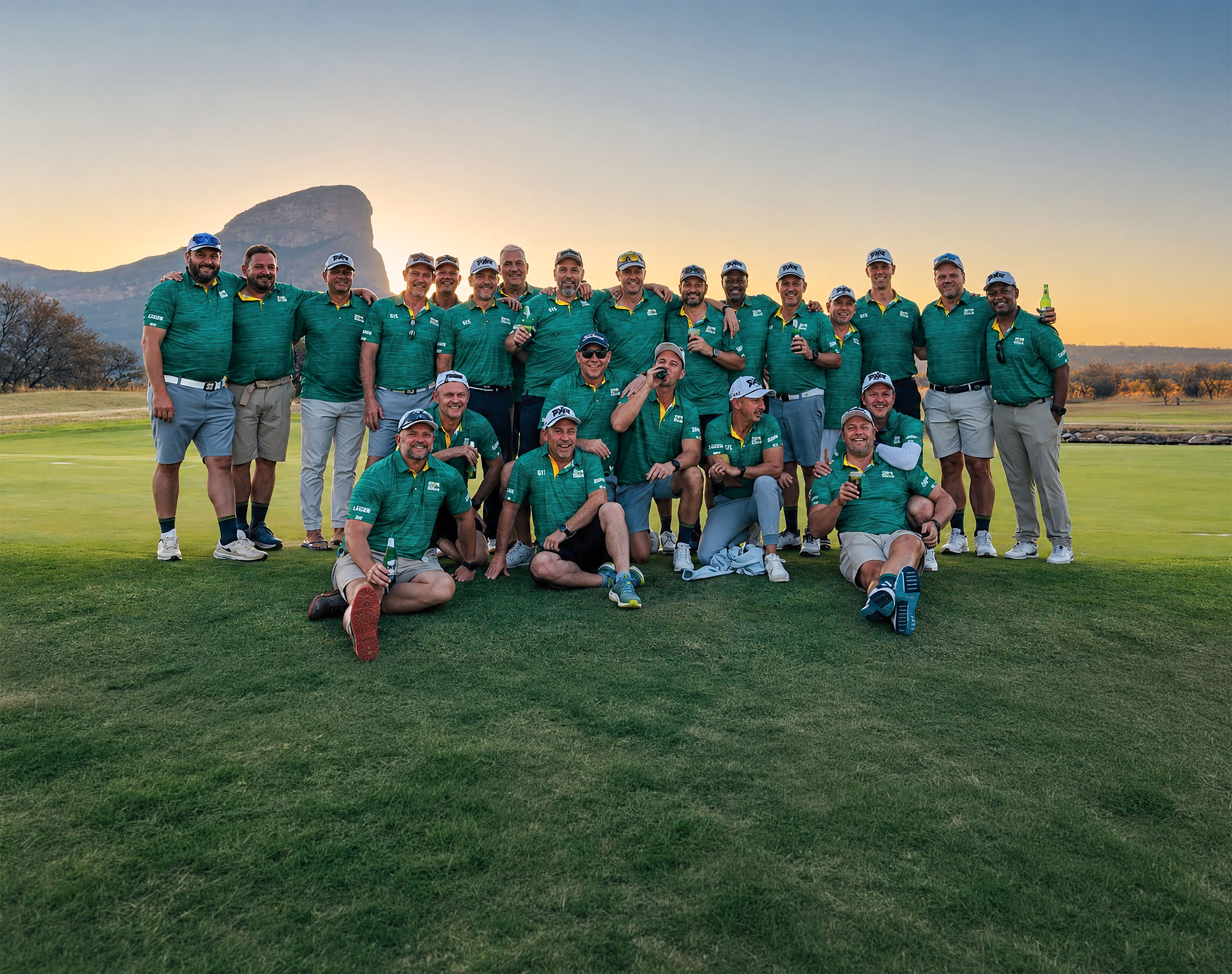 A large group in matching green golf shirts and caps gathered on the green at sunset, a rock peak on the horizon behind them