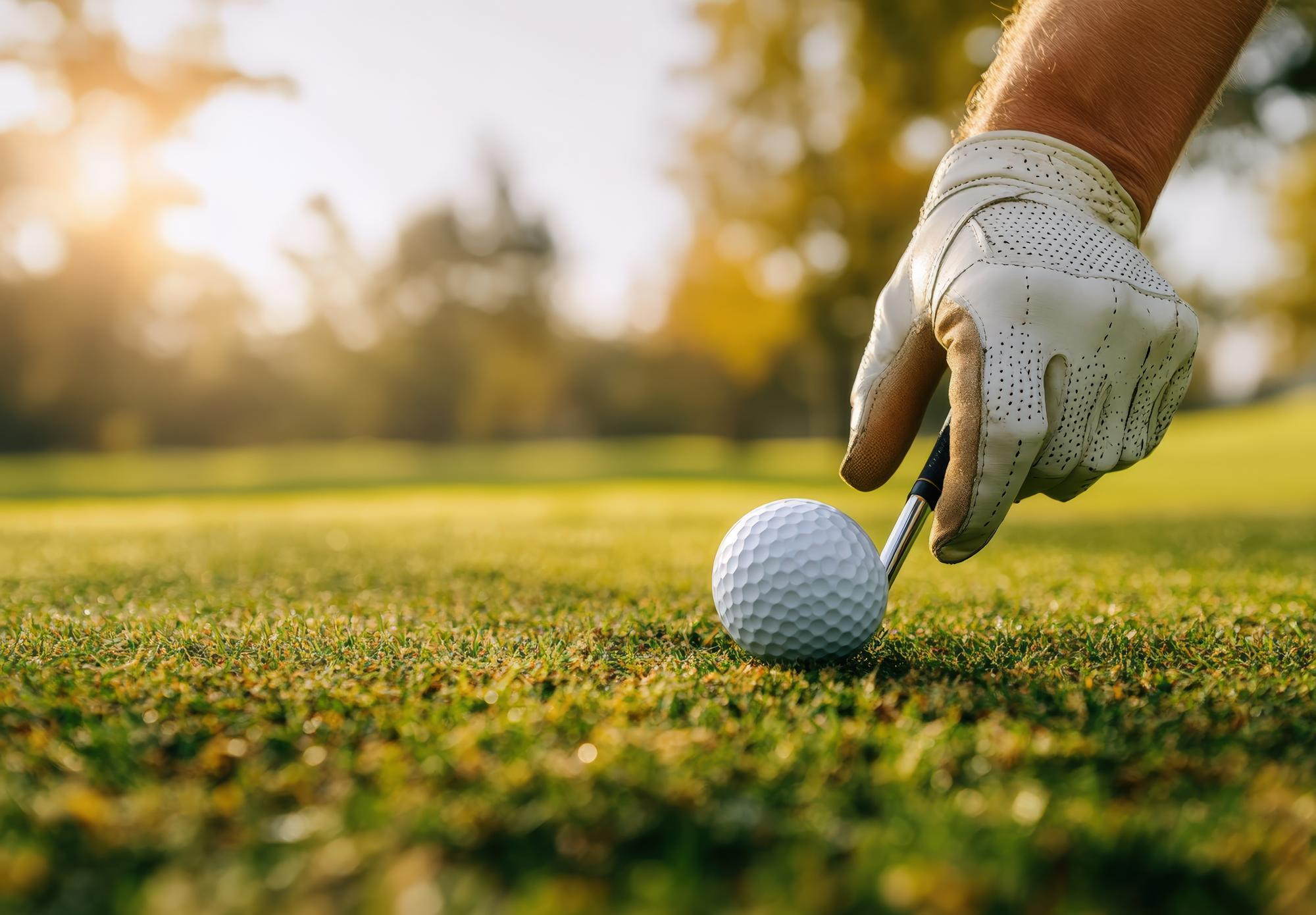 A gloved hand steadying a golf ball on close-cut grass, low sun breaking through the trees beyond