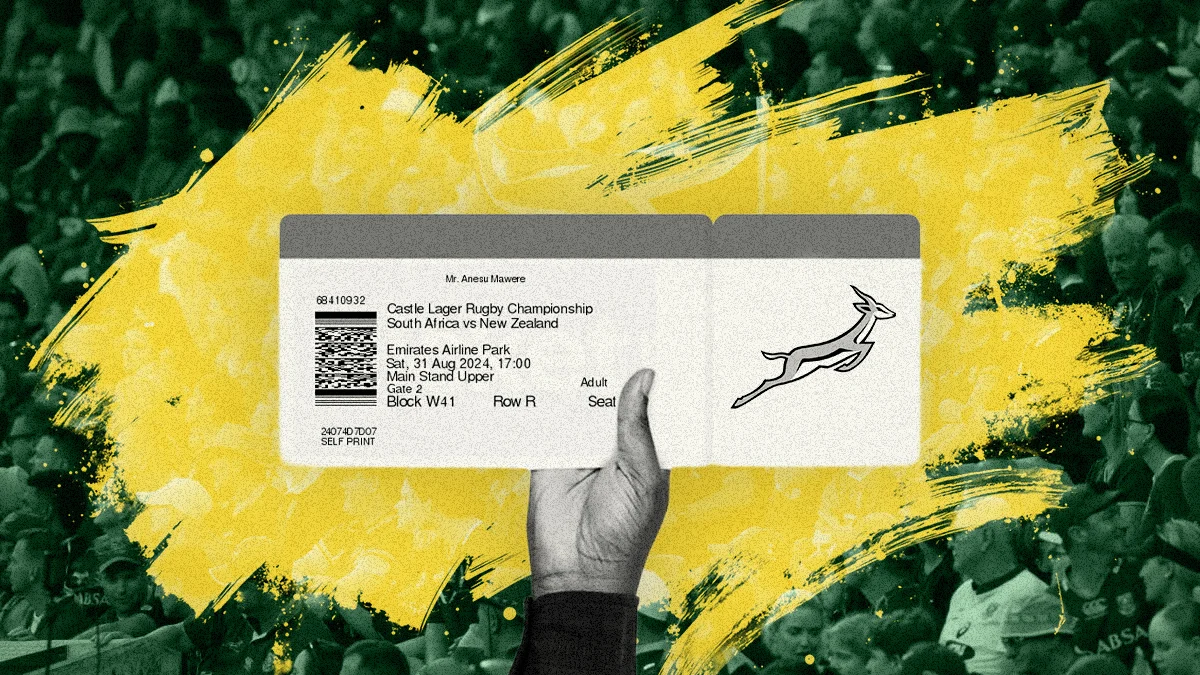 A hand holding up a printed match ticket against a yellow brushed shape, a green-toned stadium crowd behind it