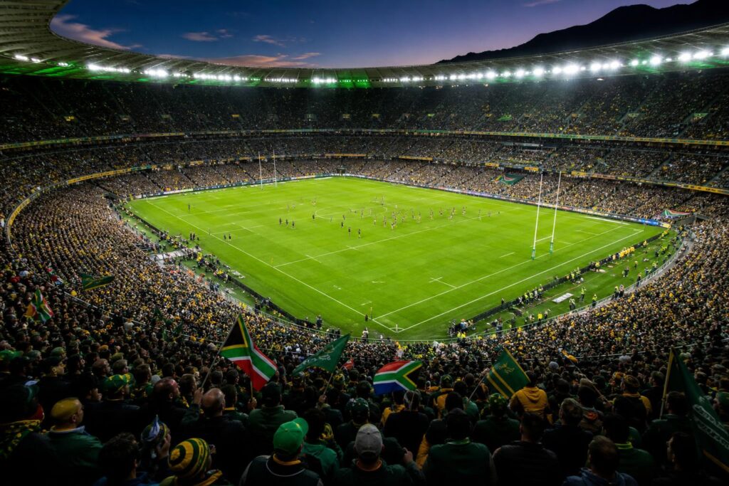 A packed stadium at dusk seen from high in the stands, floodlights on and flags raised in the crowd, players warming up on the pitch below
